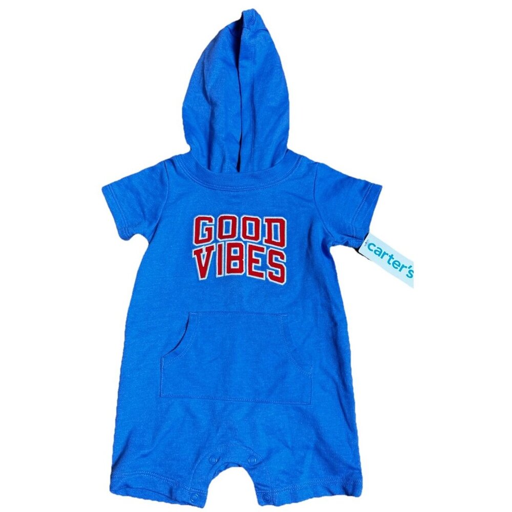 Carter's Hooded Pullover Romper Short Outfit Embroider Size 12 Months Blue NEW
